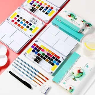 Bán Sỉ Bộ Màu Nước Solid Water Color Cao Cấp 12/18/24/36 Màu Tặng 2 Bút Nước, 2 Mút, 1 Palette