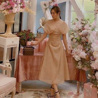 Đầm voan nude nhún ngực 1 màu
