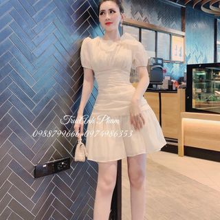 Đầm voan hồng vàng nơ cổ tay phồng