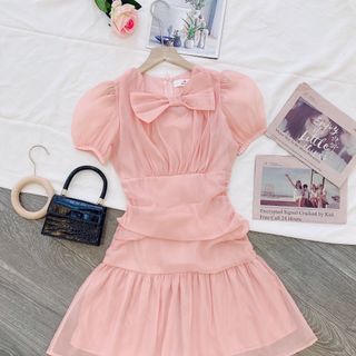 Đầm voan hồng vàng nơ cổ tay phồng