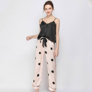Đồ ngủ đồ hai dây quần Dài mặc nhà phối áo trơn Lụa Quảng Châu
