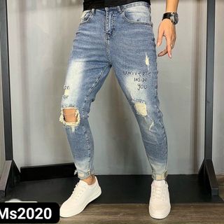 Quần jean nam rách gối in chữ ms2020 kho chuyên sỉ jean 2KJean