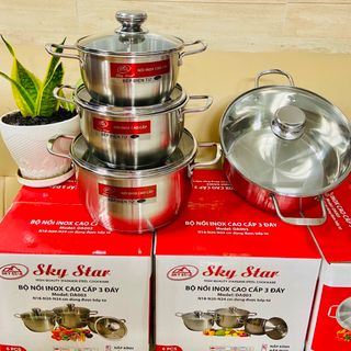 Bộ nồi inox 3 đáy cao cấp nắp kính