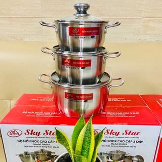 Bộ nồi inox 3 đáy cao cấp nắp kính