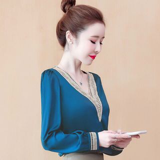 Áo Sơ Mi Phi Lụa Thanh Lịch Cổ Tim Viền Ren