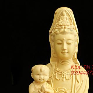 Tượng Quan Âm Tống Tử - Quan Âm bồng em bé gỗ hoàng dương