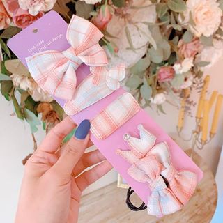 Set 6 chi tiết kẹp tóc nơ + cột tóc vải sọc cao cấp Hàn Quốc tiểu thư