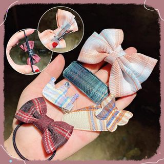 Set 6 chi tiết kẹp tóc nơ + cột tóc vải sọc cao cấp Hàn Quốc tiểu thư