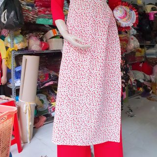 Áo dài truyền thống hoa đỏ siêu xinh( áo kèm quần) giá sỉ