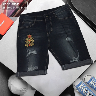 Quần short jean nam rách xám đen