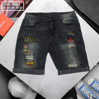 Quần short jean nam màu xám phối icon