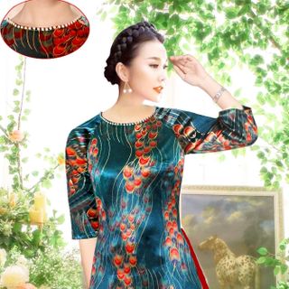 Áo dài cách tân siêu sang (nhủ vàng - nền xanh)
