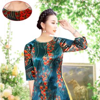 Áo dài cách tân siêu sang (nhủ vàng - nền xanh)
