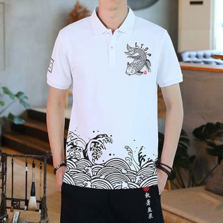 Áo thun nam có cổ cao cấp, Logo cá chép C7, Thêu hoạ tiết sống động