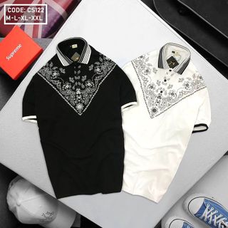 Áo thun nam cổ bẻ in họa tiết phối sọc