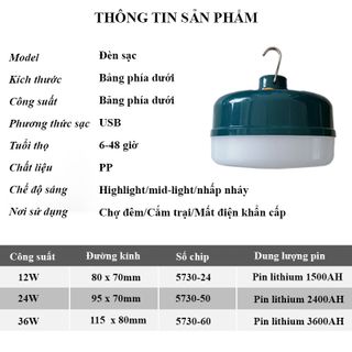 Bóng đèn LED sạc tích điện, đèn led sạc pin ánh sáng trắng, có đế hít nam châm, móc treo kèm theo, bóng đèn gia dụng ánh sáng trắng, chống thấm nước, công suất 12W HL145