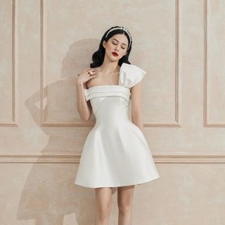 Đầm xòe lệch vai cúp ngực phối nơ