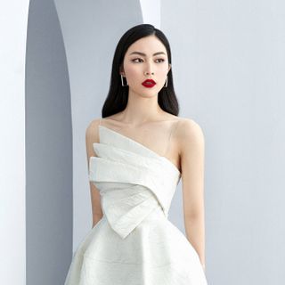 Đầm xòe gấm hai dây bèo xếp ly trước ngực