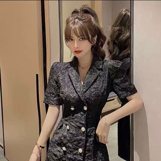 ĐẦM ÔM CỔ VEST HOA VĂN CAO CÂP - DT1398 - đầm sang trọng xưởng may đô thành