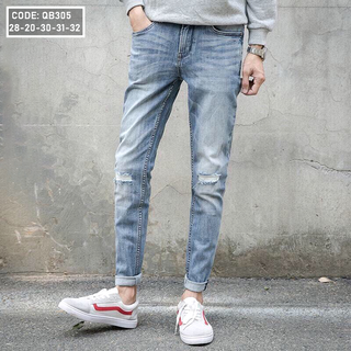 Quần jean dài nam xanh nhạt rách nhẹ