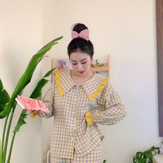 Đồ ngủ đồ mặc nhà bánh bèo cổ lá sen viền vàng chất thô Hàng Quảng Châu