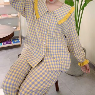 Đồ ngủ đồ mặc nhà bánh bèo cổ lá sen viền vàng chất thô Hàng Quảng Châu