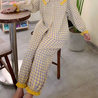 Đồ ngủ đồ mặc nhà bánh bèo cổ lá sen viền vàng chất thô Hàng Quảng Châu