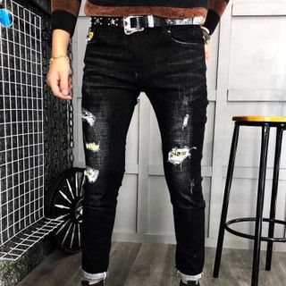 Quần jena nam màu đen xám rách
