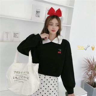 Áo sweater cổ tròn in quả dâu dễ thương