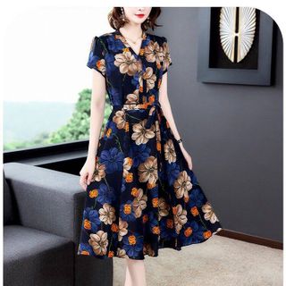 ĐẦM XOÈ HOẠ TIẾT HOA SẮC MÀU - DT1413- xuong may do thanh