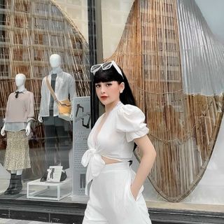 Set nữ trắng nơ mix quần dài