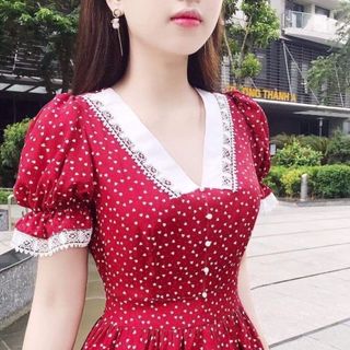 ĐẦM XOÈ ĐỎ TRÁI TIM NHÍ TAY PHỒNG - DT1415 - xưởng may đô thành