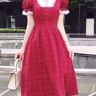 ĐẦM XOÈ ĐỎ TRÁI TIM NHÍ TAY PHỒNG - DT1415 - xưởng may đô thành