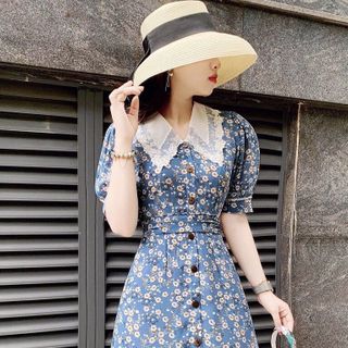 ĐẦM XOÈ HOA XANH CỔ SEN TRẮNG - DT1420 - xưởng may đô thành cung cấp sỉ