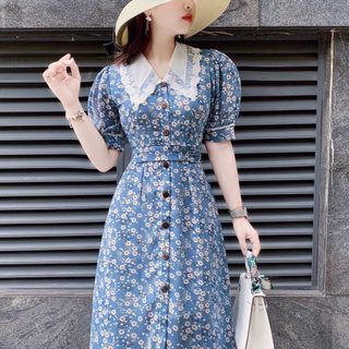 ĐẦM XOÈ HOA XANH CỔ SEN TRẮNG - DT1420 - xưởng may đô thành cung cấp sỉ