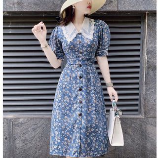 ĐẦM XOÈ HOA XANH CỔ SEN TRẮNG - DT1420 - xưởng may đô thành cung cấp sỉ