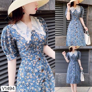 ĐẦM XOÈ HOA XANH CỔ SEN TRẮNG - DT1420 - xưởng may đô thành cung cấp sỉ