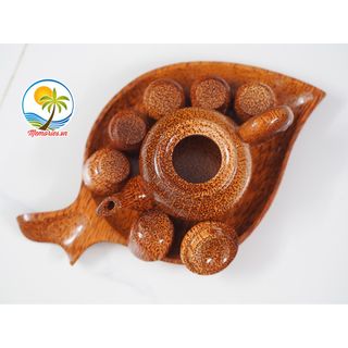 Bộ Bình Trà Bằng Gỗ Dừa Hình Chiếc Lá - Gồm 1 ấm trà, 1 đĩa chiếc lá, 6 ly tách - Quà tặng trang trí handmade, thủ công mỹ nghệ