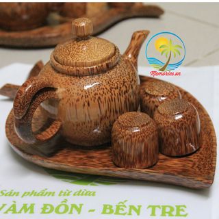 Bộ Bình Trà Bằng Gỗ Dừa Hình Chiếc Lá - Gồm 1 ấm trà, 1 đĩa chiếc lá, 6 ly tách - Quà tặng trang trí handmade, thủ công mỹ nghệ
