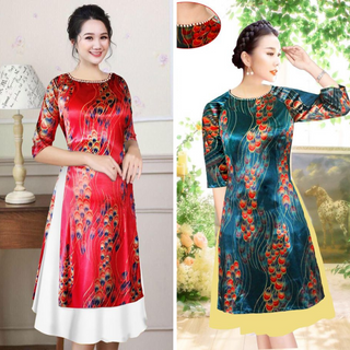Áo dài cách tân siêu sang (nhủ vàng - nền xanh)