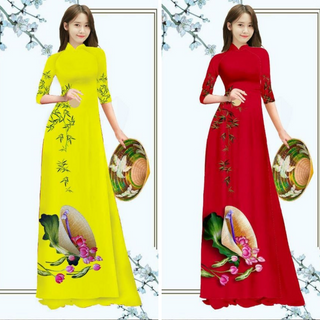 Áo dài truyền thống họa tiết nón lá (áo kèm quần)