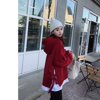 Áo khoác nỉ hoodie có mũ phối chân sơ mi nơ sườn