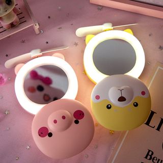 Quạt gương đèn led 3in1 cầm tay hình heo gấu dễ thương
