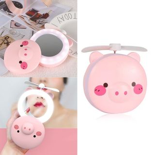 Quạt gương đèn led 3in1 cầm tay hình heo gấu dễ thương