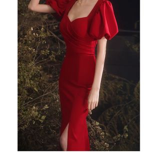 ĐẦM ÔM ĐỎ DẠ HỘI TAY PHỒNG - DT1427 - xưởng may đô thành