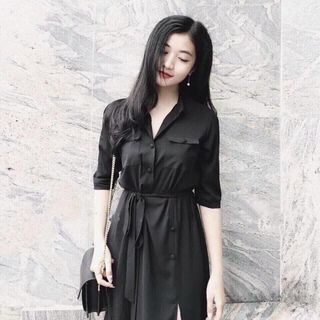 Đầm Suông Dài Đen Nút Bọc