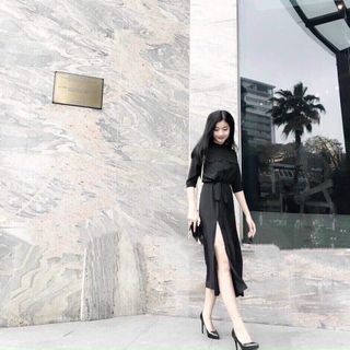 Đầm Suông Dài Đen Nút Bọc
