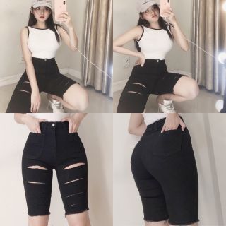 Quần Ngố Jeans Nữ Đen Tuyền Rách Kiểu