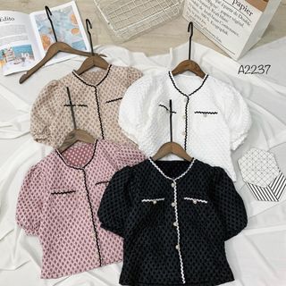 Áo gấm tay phồng 2 túi nút ngọc