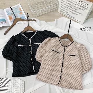 Áo gấm tay phồng 2 túi nút ngọc